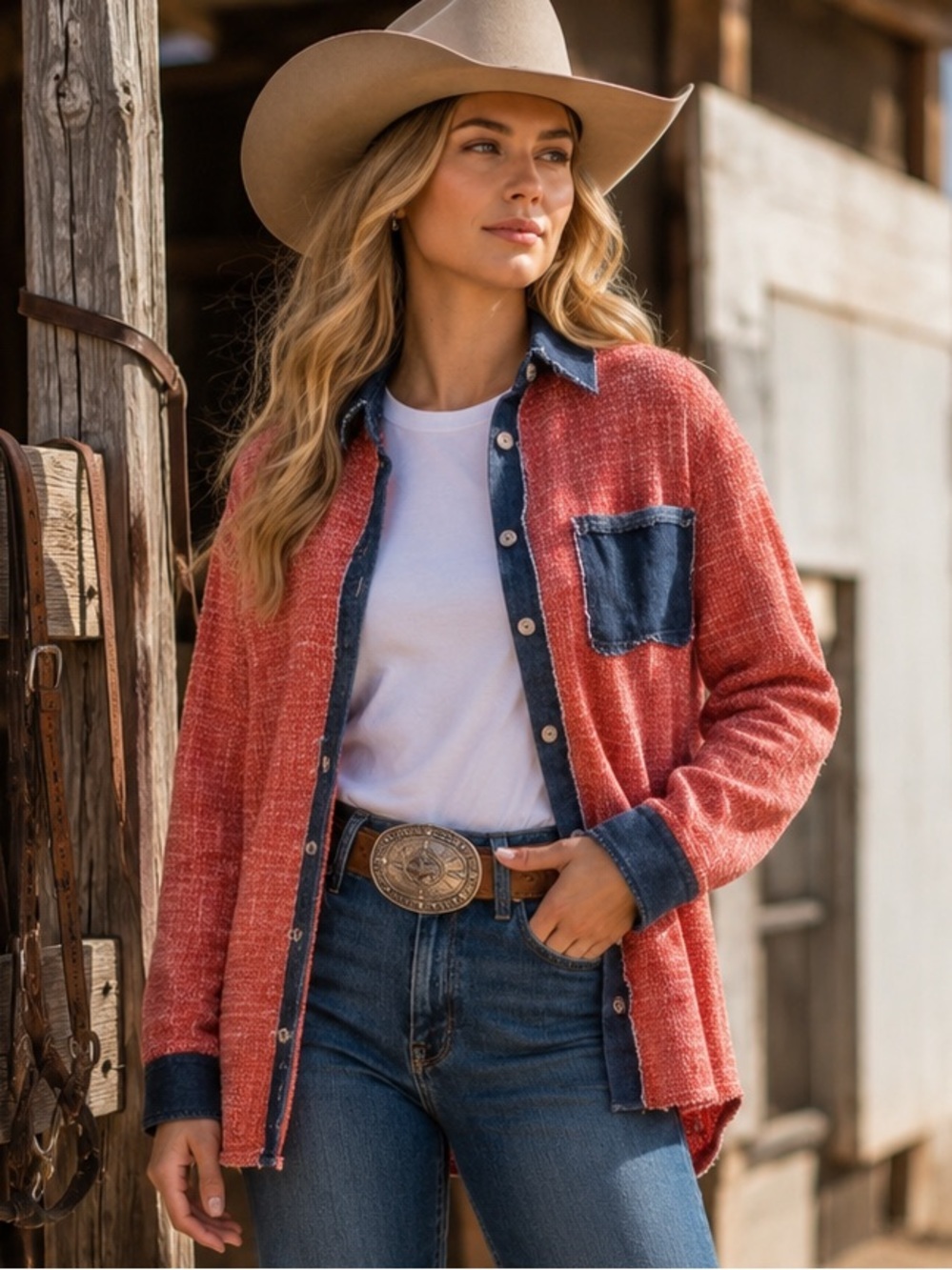 Umgee M Orange and Denim Button-Up Shacket